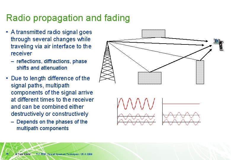 Radio propagation and fading • A transmitted radio signal goes through several changes while