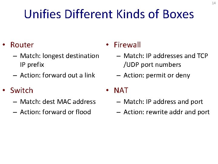 14 Unifies Different Kinds of Boxes • Router – Match: longest destination IP prefix