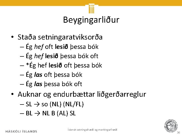 Beygingarliður • Staða setningaratviksorða – Ég hef oft lesið þessa bók – Ég hef