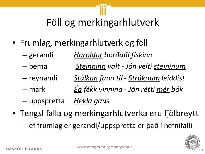 Föll og merkingarhlutverk • Frumlag, merkingarhlutverk og föll – gerandi – þema – reynandi