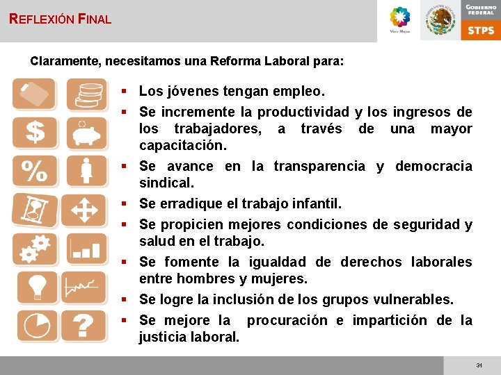 REFLEXIÓN FINAL Claramente, necesitamos una Reforma Laboral para: § Los jóvenes tengan empleo. §