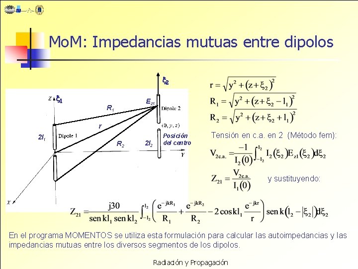 Mo. M: Impedancias mutuas entre dipolos Ez 1 R 1 r 2 l 1