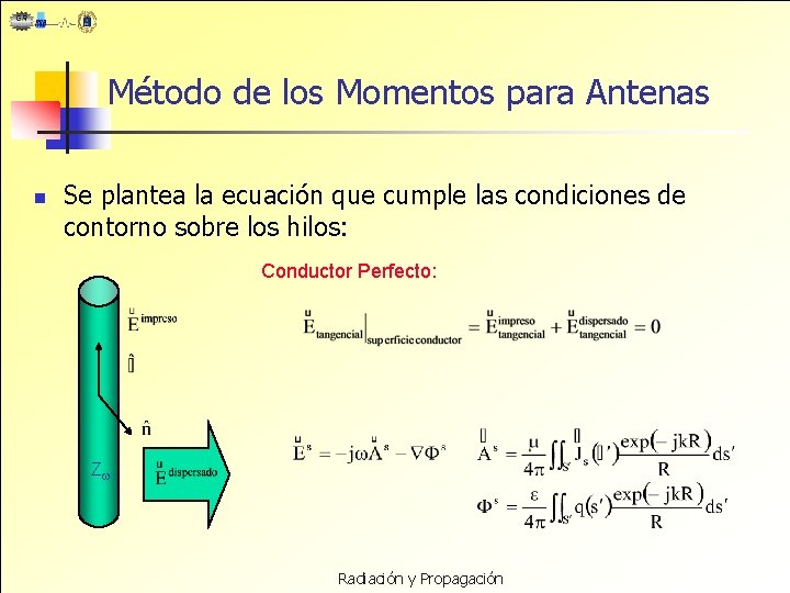 Método de los Momentos para Antenas n Se plantea la ecuación que cumple las