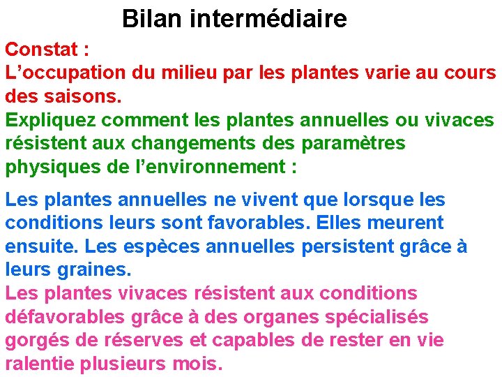 Bilan intermédiaire Constat : L’occupation du milieu par les plantes varie au cours des Bilan intermédiaire Constat : L’occupation du milieu par les plantes varie au cours des
