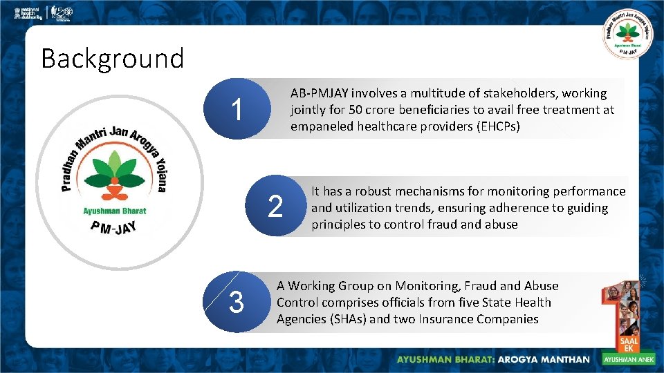 Background AB-PMJAY involves a multitude of stakeholders, working jointly for 50 crore beneficiaries to