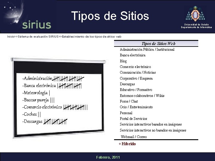 Tipos de Sitios Universidad de Oviedo Departamento de Informática Inicio>>Sistema de evaluación SIRIUS>>Establecimiento de