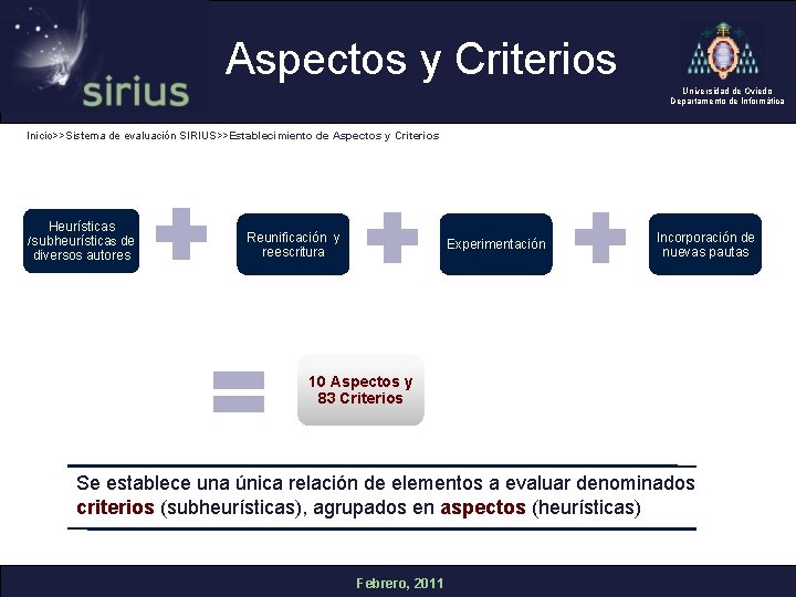 Aspectos y Criterios Universidad de Oviedo Departamento de Informática Inicio>>Sistema de evaluación SIRIUS>>Establecimiento de