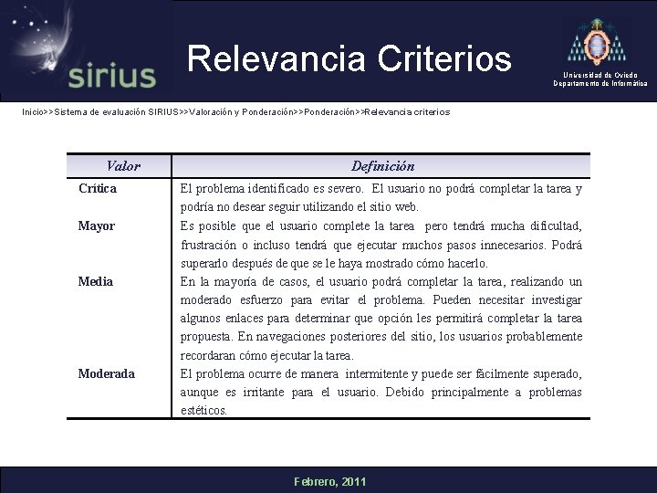 Relevancia Criterios Universidad de Oviedo Departamento de Informática Inicio>>Sistema de evaluación SIRIUS>>Valoración y Ponderación>>Relevancia