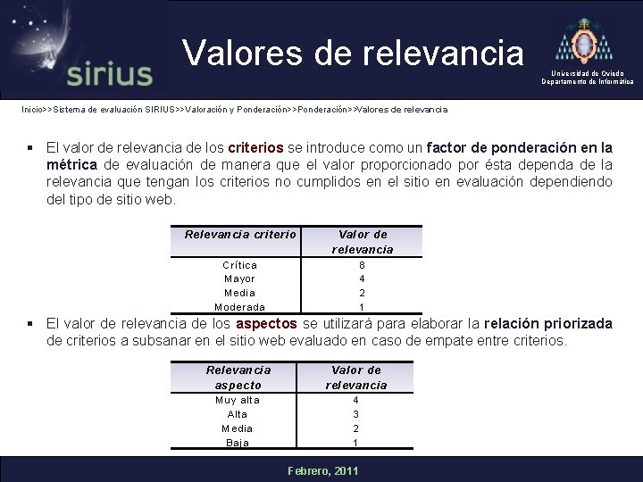 Valores de relevancia Universidad de Oviedo Departamento de Informática Inicio>>Sistema de evaluación SIRIUS>>Valoración y