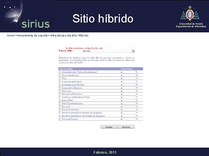 Sitio híbrido Inicio>>Herramienta de soporte>>Alta de tipo de sitio Híbrido Febrero, 2011 Universidad de