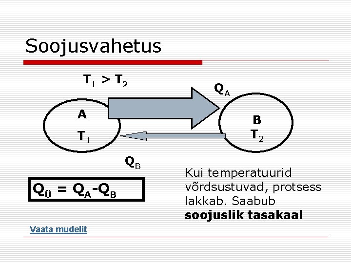 Soojusvahetus T 1 > T 2 A B T 2 T 1 QB QÜ