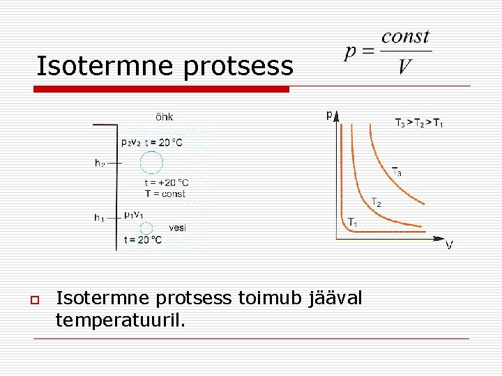 Isotermne protsess o Isotermne protsess toimub jääval temperatuuril. 