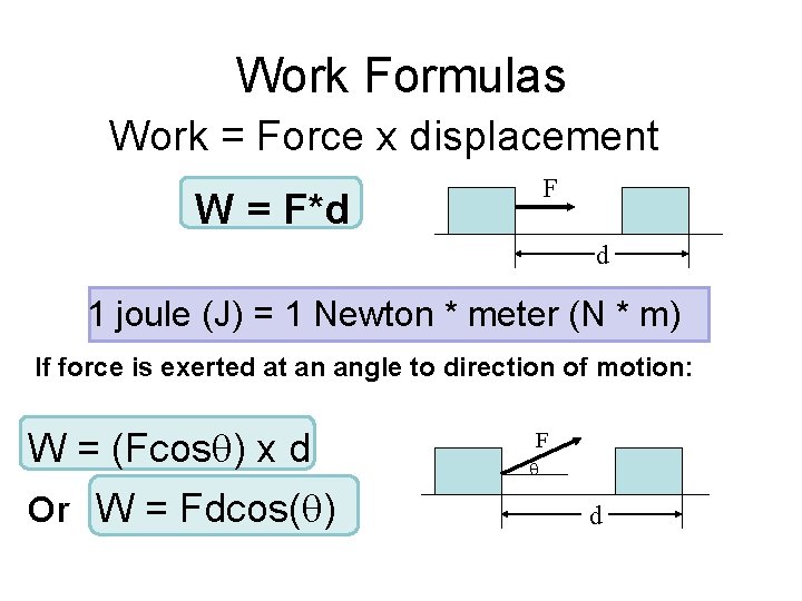 Work Formulas Work = Force x displacement F W = F*d d 1 joule