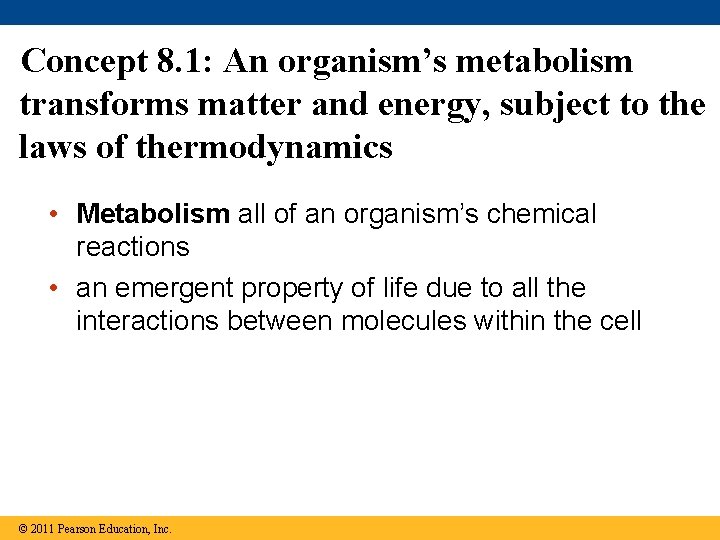 Concept 8. 1: An organism’s metabolism transforms matter and energy, subject to the laws