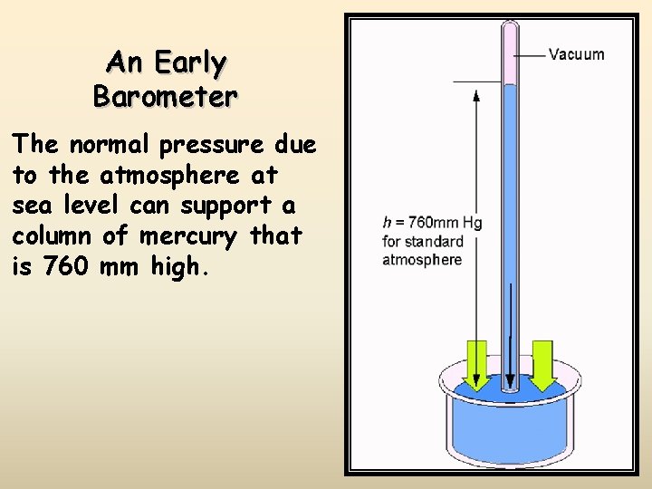 An Early Barometer The normal pressure due to the atmosphere at sea level can