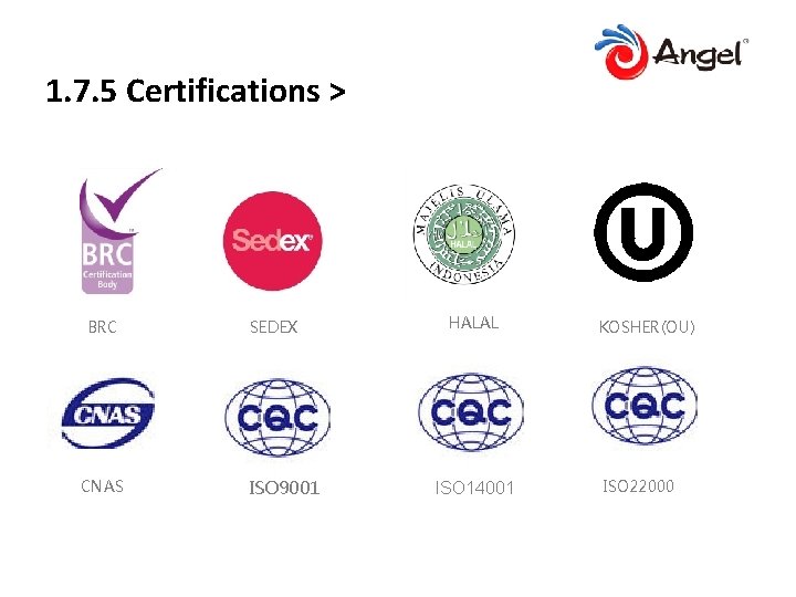 1. 7. 5 Certifications > BRC CNAS SEDEX ISO 9001 HALAL ISO 14001 KOSHER(OU)
