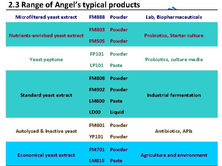 2. 3 Range of Angel’s typical products Microfiltered yeast extract Nutrients-enriched yeast extract Yeast