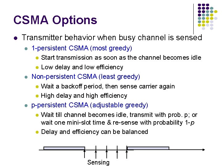 CSMA Options Transmitter behavior when busy channel is sensed 1 -persistent CSMA (most greedy)