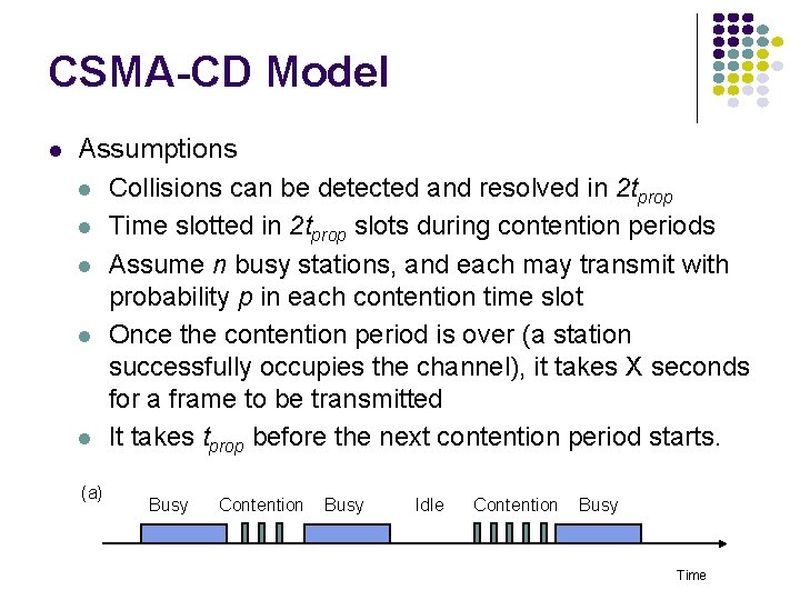 CSMA-CD Model Assumptions Collisions can be detected and resolved in 2 tprop Time slotted