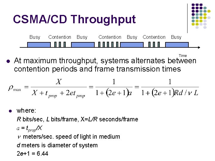 CSMA/CD Throughput Busy Contention Busy Time At maximum throughput, systems alternates between contention periods