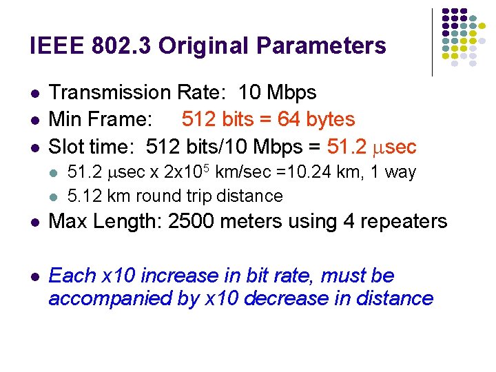 IEEE 802. 3 Original Parameters Transmission Rate: 10 Mbps Min Frame: 512 bits =