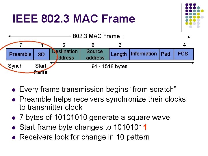 IEEE 802. 3 MAC Frame 7 1 Preamble SD Synch Start frame 6 Destination