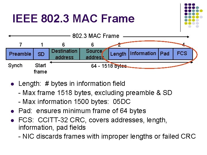 IEEE 802. 3 MAC Frame 7 1 Preamble SD Synch Start frame 6 Destination