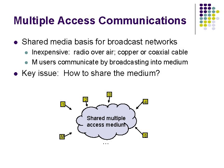 Multiple Access Communications Shared media basis for broadcast networks Inexpensive: radio over air; copper