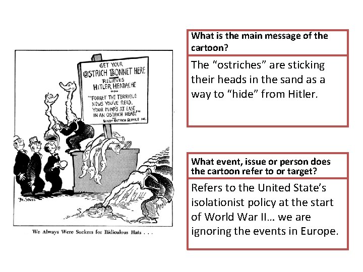 What is the main message of the cartoon? The “ostriches” are sticking their heads What is the main message of the cartoon? The “ostriches” are sticking their heads