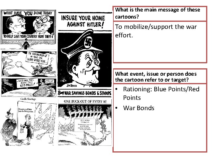What is the main message of these cartoons? To mobilize/support the war effort. What