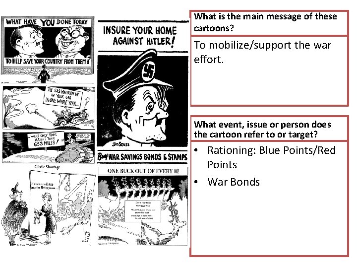 What is the main message of these cartoons? To mobilize/support the war effort. What What is the main message of these cartoons? To mobilize/support the war effort. What