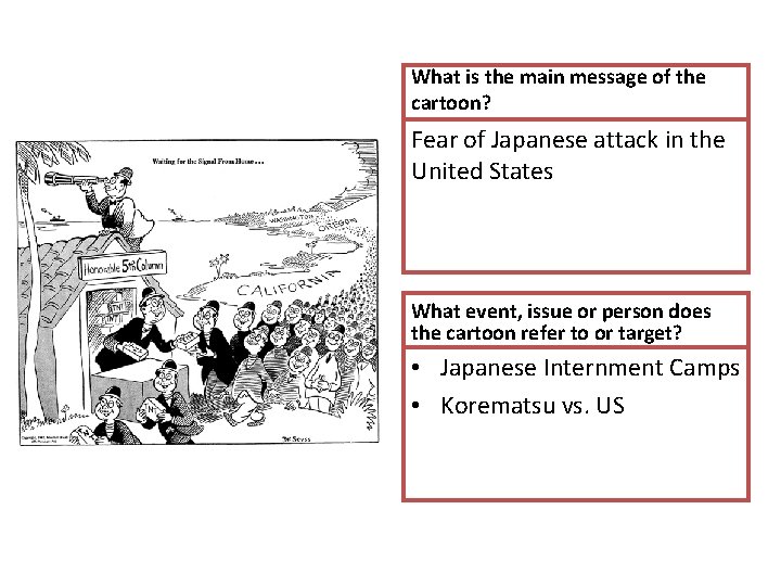 What is the main message of the cartoon? Fear of Japanese attack in the What is the main message of the cartoon? Fear of Japanese attack in the