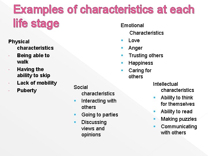 Examples of characteristics at each life stage Emotional Physical characteristics Being able to walk