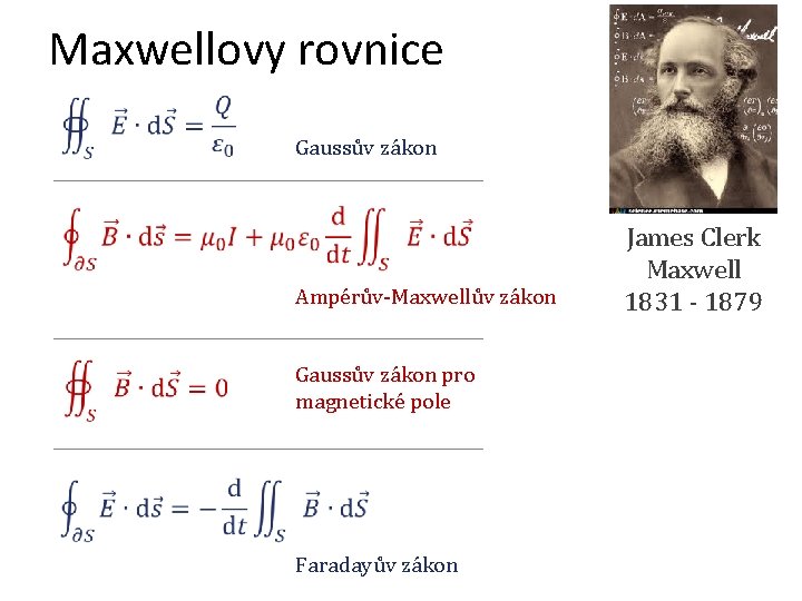 Maxwellovy rovnice Gaussův zákon Ampérův-Maxwellův zákon Gaussův zákon pro magnetické pole Faradayův zákon James