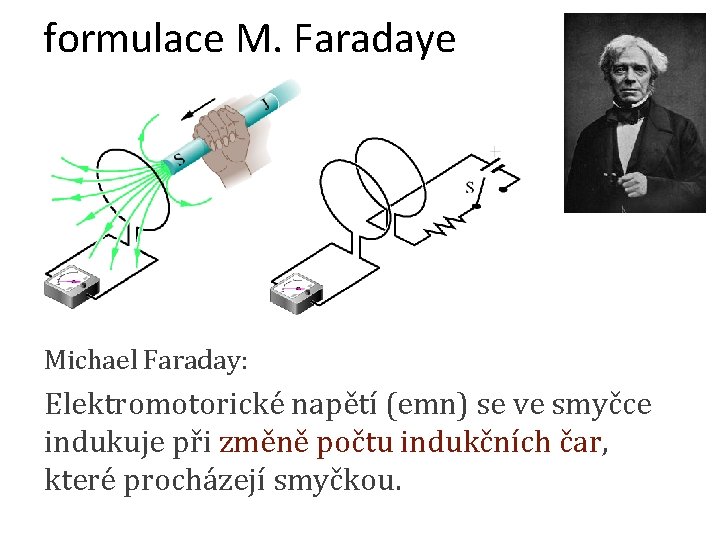 formulace M. Faradaye Michael Faraday: Elektromotorické napětí (emn) se ve smyčce indukuje při změně