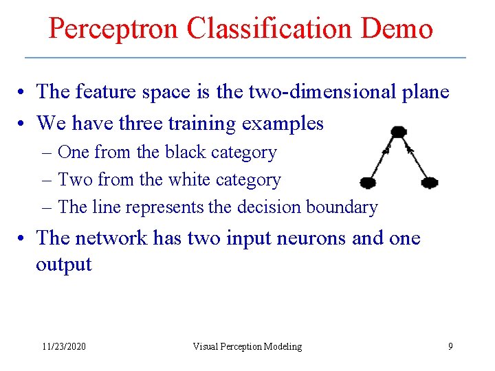 Perceptron Classification Demo • The feature space is the two-dimensional plane • We have