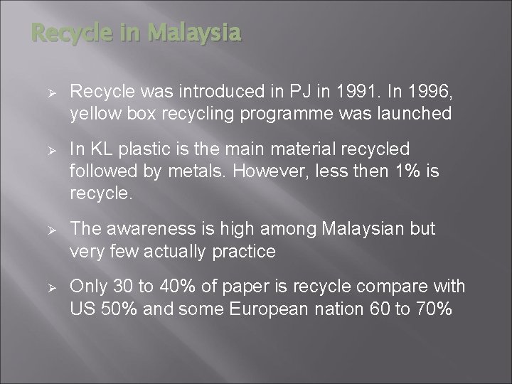 Recycle in Malaysia Ø Recycle was introduced in PJ in 1991. In 1996, yellow