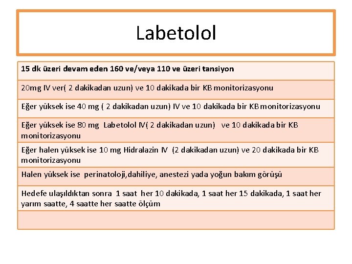 Labetolol 15 dk üzeri devam eden 160 ve/veya 110 ve üzeri tansiyon 20 mg Labetolol 15 dk üzeri devam eden 160 ve/veya 110 ve üzeri tansiyon 20 mg