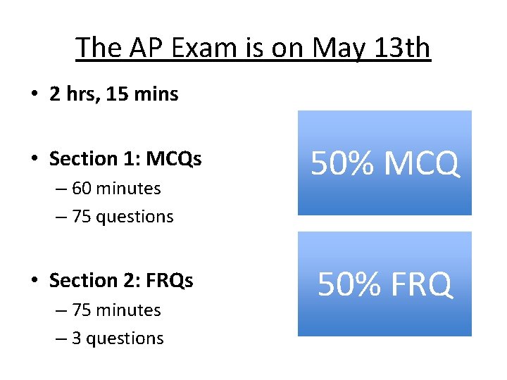 The AP Exam is on May 13 th • 2 hrs, 15 mins •