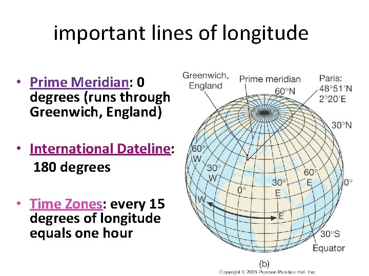important lines of longitude • Prime Meridian: Meridian 0 degrees (runs through Greenwich, England)