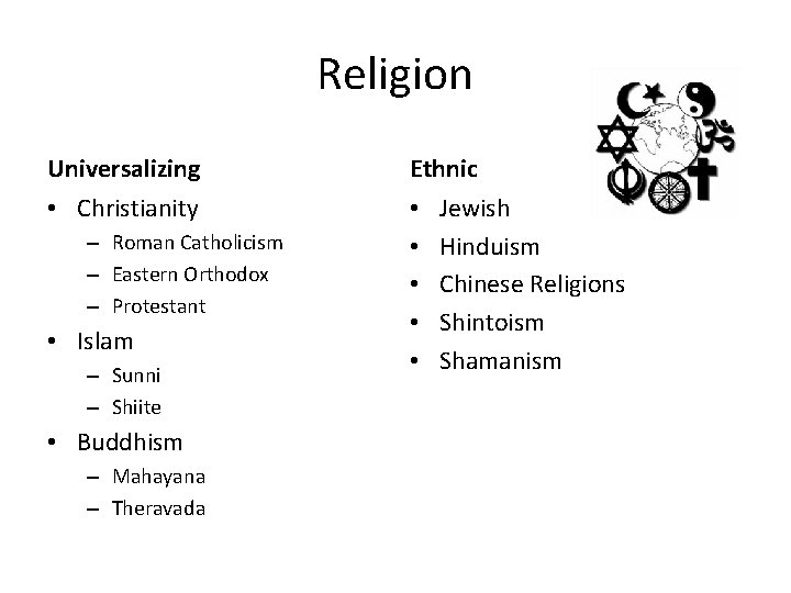 Religion Universalizing Ethnic • Christianity • • • – Roman Catholicism – Eastern Orthodox