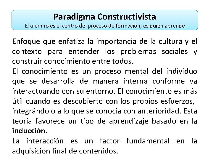 Paradigma Constructivista El alumno es el centro del proceso de formación, es quien aprende Paradigma Constructivista El alumno es el centro del proceso de formación, es quien aprende