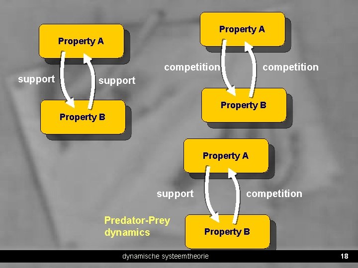 Property A competition support Property B Property A support Predator-Prey dynamics competition Property B