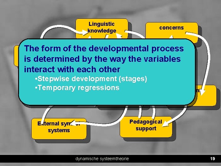 Linguistic knowledge concerns Thesystem form Motor of the developmental process Socialway knowledge is determined