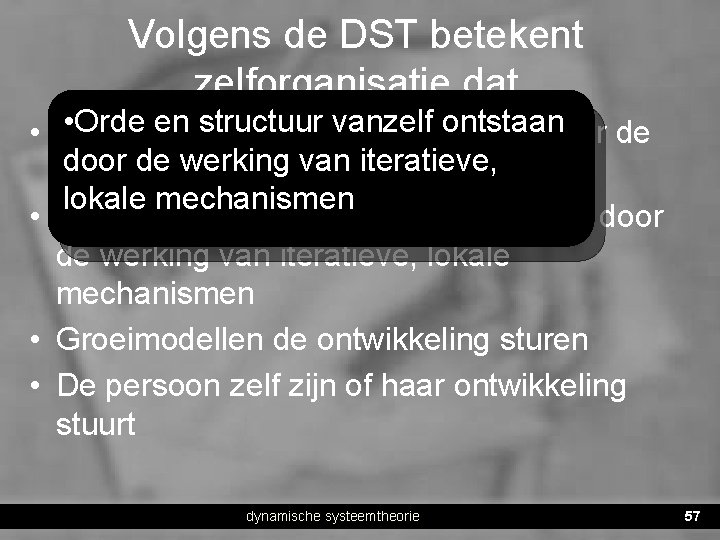 Volgens de DST betekent zelforganisatie dat • Orde en structuur vanzelf ontstaan • 1.