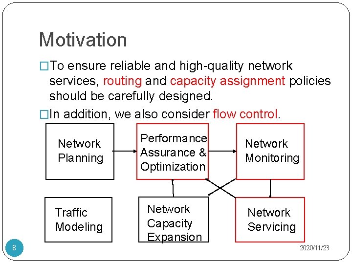 Motivation �To ensure reliable and high-quality network services, routing and capacity assignment policies should
