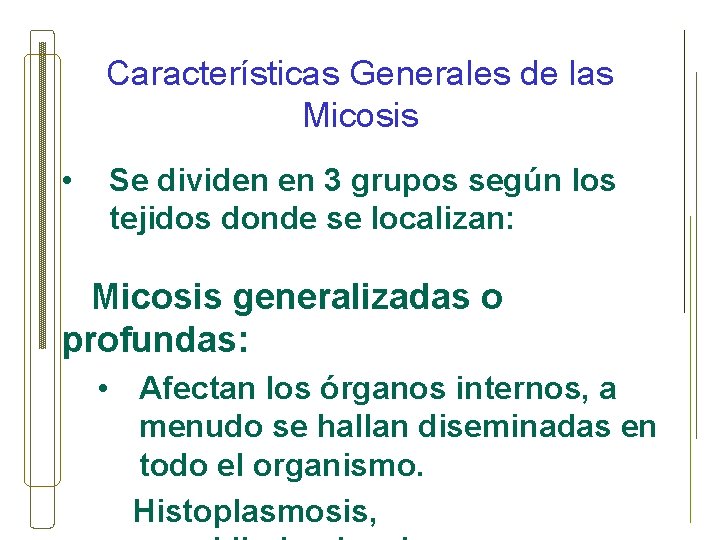 Características Generales de las Micosis • Se dividen en 3 grupos según los tejidos