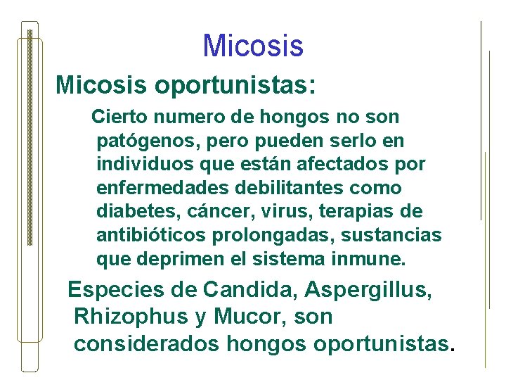 Micosis oportunistas: Cierto numero de hongos no son patógenos, pero pueden serlo en individuos