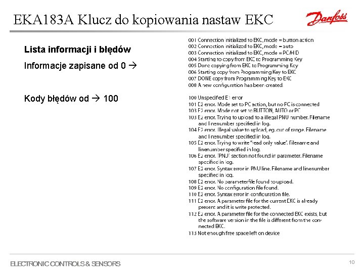 EKA 183 A Klucz do kopiowania nastaw EKC Lista informacji i błędów Informacje zapisane