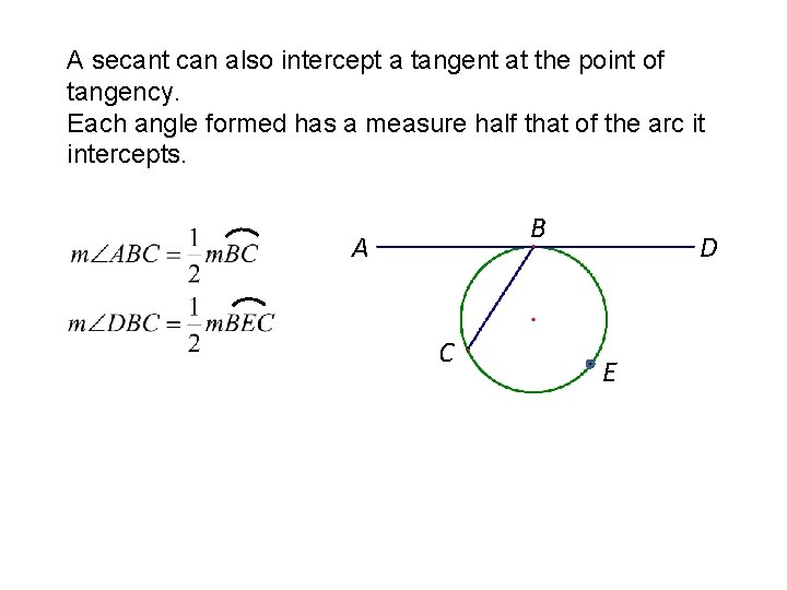 A secant can also intercept a tangent at the point of tangency. Each angle